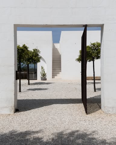White geometric structures of the design forward Masseria Moroseta, in Ostuni, Pugliese
